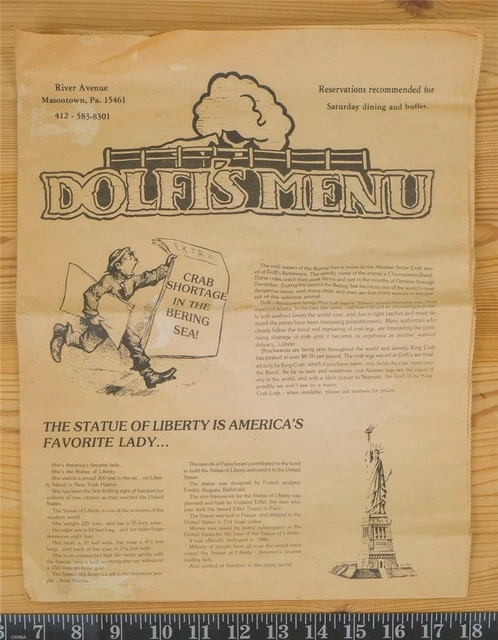 Vintage Dolfi's Ristorante Menu Masontown Pennsylvania 1980's Hk