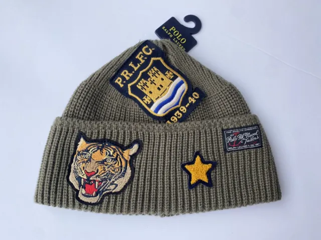 Polo Ralph Lauren RL Tigers Beanie Skully Toque Hat Olive New W/Tags One Size