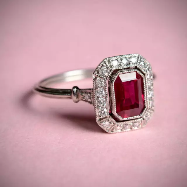 Art Deco Vintage Style Red Lab Created Ruby Engagement Wedding 925 Silver Ring