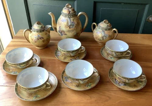Antique Hand Painted Nippon Tea Set With Butterflies, Gold Gilt, 9 Piece Set Antique Hand Painted Nippon Tea Set With Butterflies, Gold Gilt, 9 Piece Set