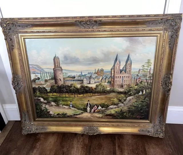 Vintage Signed Oil Painting Andernach Scene  1830 Ornate Gold Frame 35x27 Signed