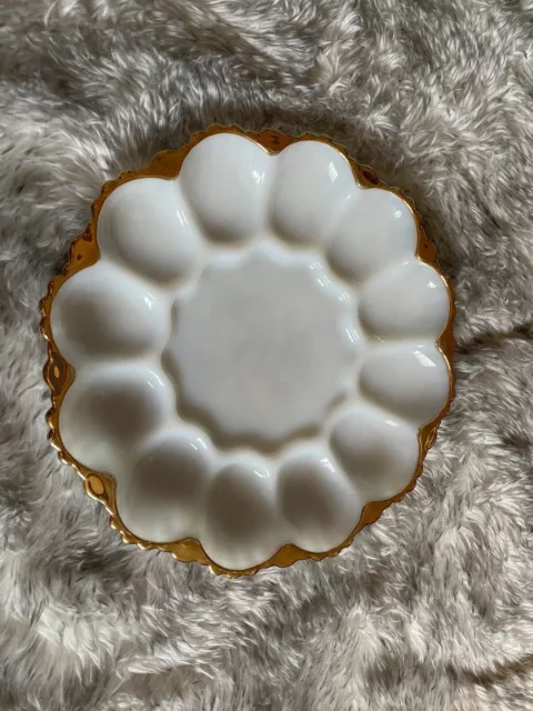 Vtg Fire King Anchor Hocking Milk Glass Deviled Egg Plate w/Gold Trim Edging