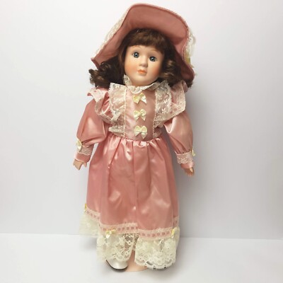 Porcelain Doll Brunette Girl Pink Dress Hat with Stand 40cm Classique Collection