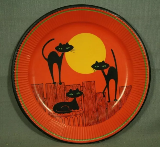 vintage Halloween paper plate Black Cats full Moon fence garbage can Futura