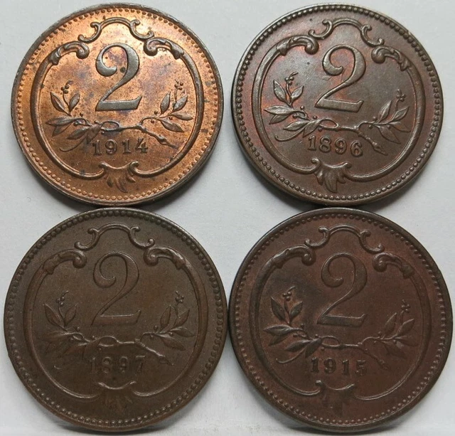 AUSTRIA HUNGARY lot 4x 2 heller 1896 1897 1914 1915 UNC mint red #C82