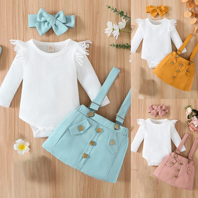 Newborn Baby Girls Ribbed Outfit Ruffle Romper Tops Dress Headband Set Clothes