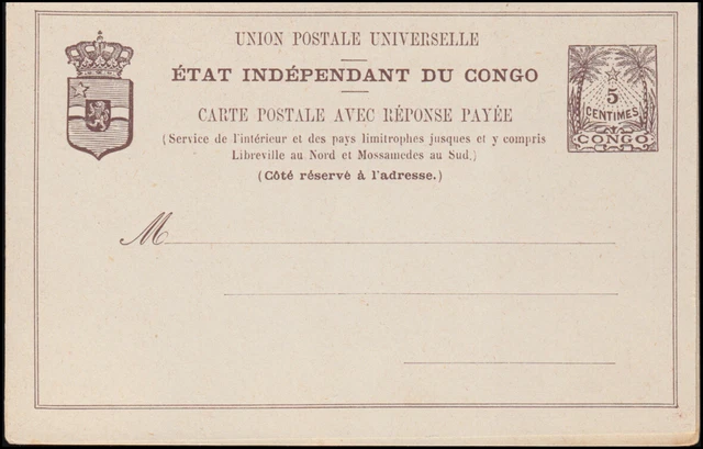 Kongo: Ganzsache Doppel-Postkarte 5 / 10 Centimes, um 1895, ungebraucht **