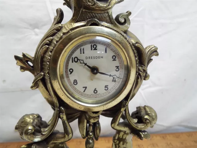 Antique Brass Tone Dresden Shelf Mantle Clock Ornate Cherub Garniture Spelter 3