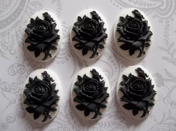 Blooming Black Rose Flower on White Cameo - 25X18mm Resin Cabochons - Qty 4