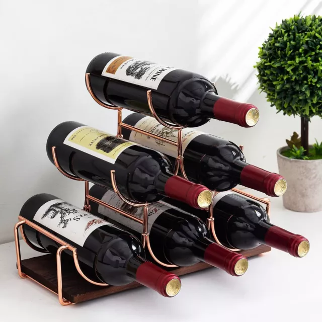 Countertop Wine Holder Stand, 6 Bottle Rose Gold Wine Rack with Burnt Wood Base