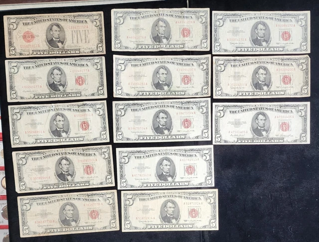 United States Notes Lot of 13 1928 1953 1963 Red Seals $2 $65 Face ecoinsales