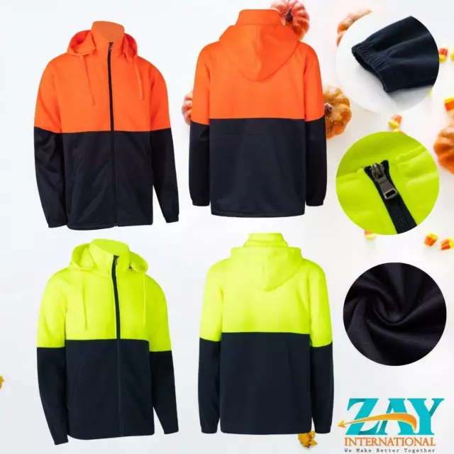 High-Vis Full Zip Fleece Jacket Removable Hood Work wear Safety Warm Winter Work