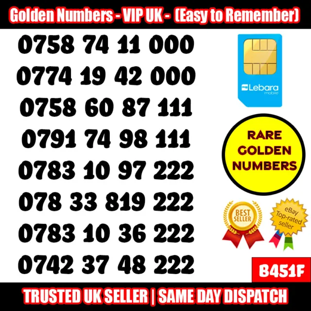 Golden Number VIP UK SIM Card - LOTTO numeri di cellulare facili da ricordare - B451F
