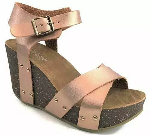 Refresh Mara-05 Womens Ankle Strap Platform Rose Gold WEdge Footbed Sandals