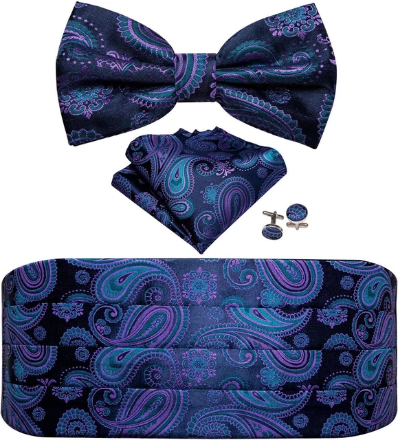 YOHOWA Mens Cummerbund Bow Tie Set, Silk Paisley Cummerbund Pretied Bowtie Hanky