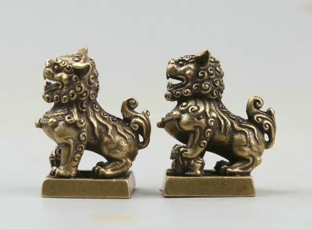31MM Curio Chinese Brass Foo Fu Dog Guardion Lion Pair Small Seal Signet Statue 2