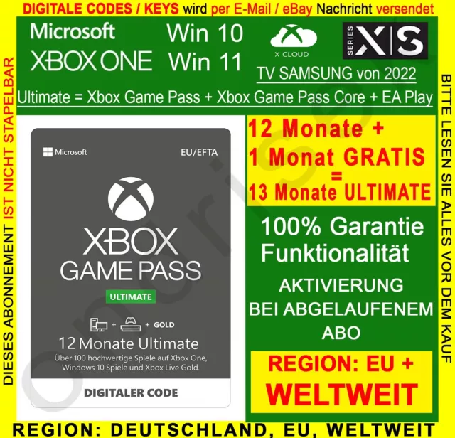 Xbox Game Pass Ultimate 12 + 1  Monate Game Pass Core Download Code DE EU GLOBAL