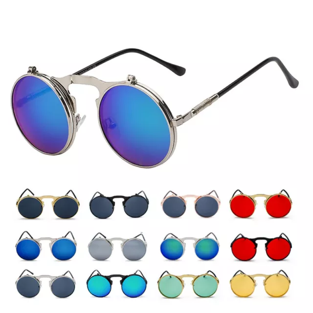 Vintage Retro Flip-up Steampunk Sunglasses Men Women Metal Round Eyewear Glasses