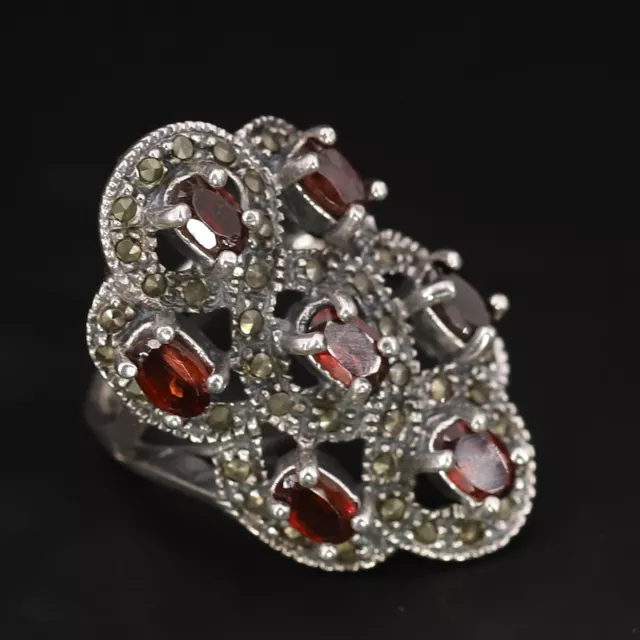 Sterling Silver - ART DECO Garnet & Marcasite Pave Cocktail Ring Size 6.5 - 14g