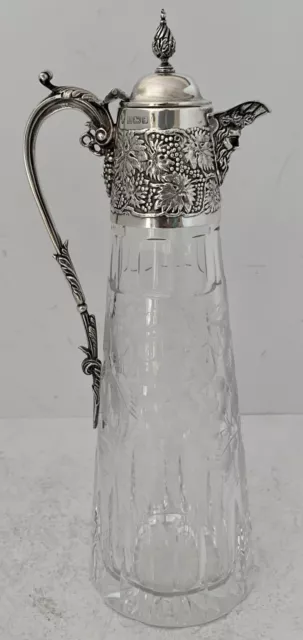 Gorgeous English Sterling Silver And Cut Glass Claret Jug With Grape Design