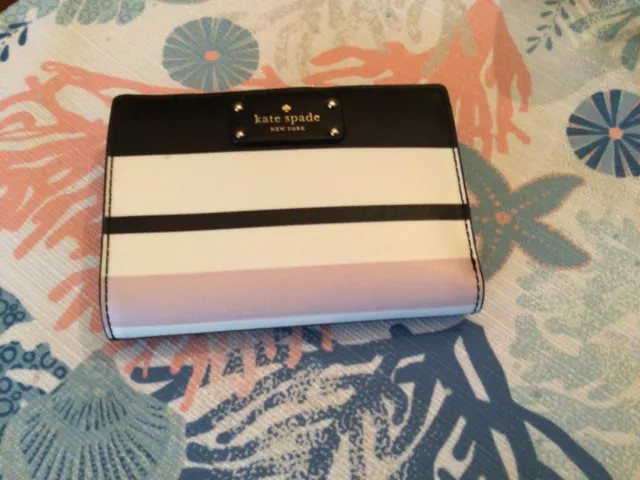 Kate Spade NY Black White Pink Stripe Leather Snap BiFold Wallet New COA DustBag