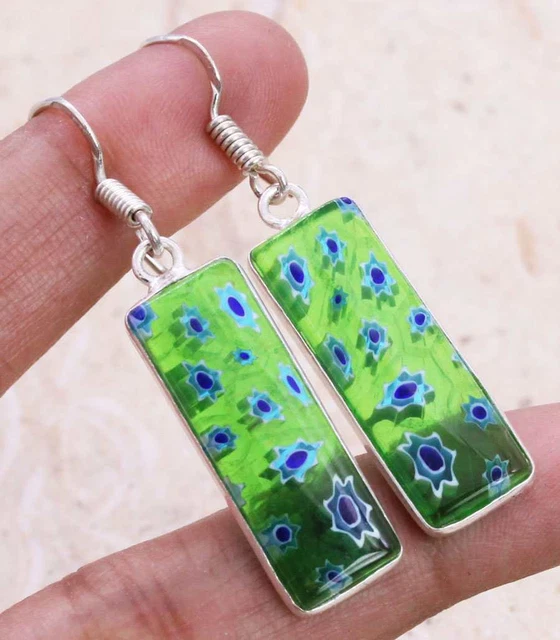 Dichroic Glass 925 Silver Plated Handmade Earrings of 1.7" Ethnic Gift