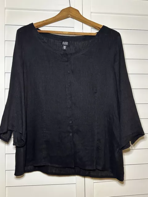 Eileen Fisher Linen Blend Top Black Size Medium EUC 3/4 Sleeve Button Up EUC