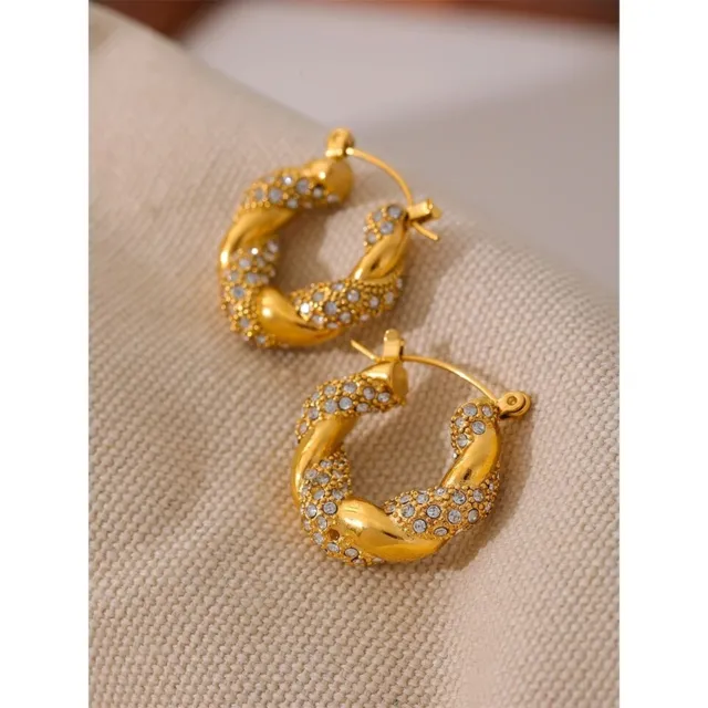 Large Twisted Bead Chunky 14k Yellow Gold Plated CZ Fine Hoop Earrings for Women