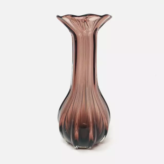 Art Glass Vase Amethyst Purple Hand Blown Ribbed Ruffled Scalloped Edge 9.5"