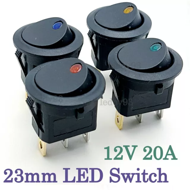 12V 20A DC Rocker Switch ON-OFF SPST 3Pin LED Light Round 20mm/23mm 3 pin