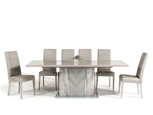 Italian Modern Dining Set - 7 piece Glossy Gray Table & Leatherette Chairs ICV2
