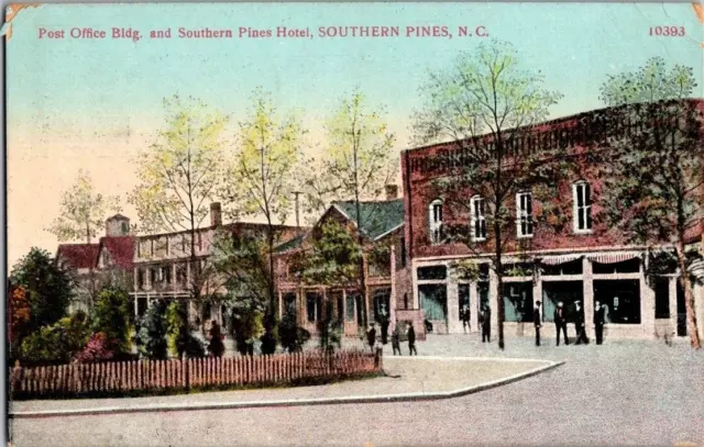 1910. Southern Pines, Nc. Post Office, Southern Pines Hotel.  Postcard. Ff14