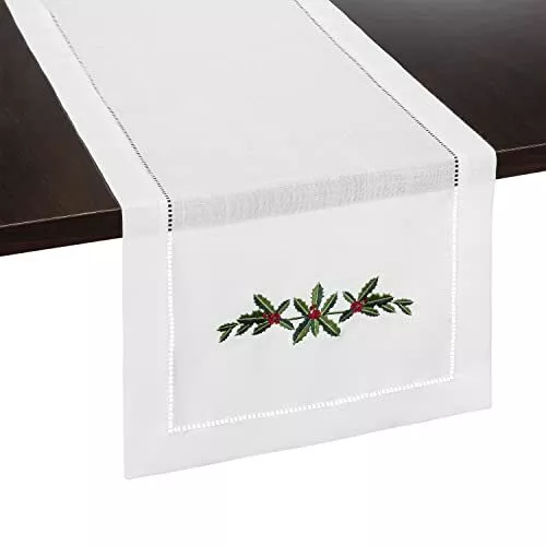 White Hemstitch Holiday Table Runner with Embroidered Holly Garland