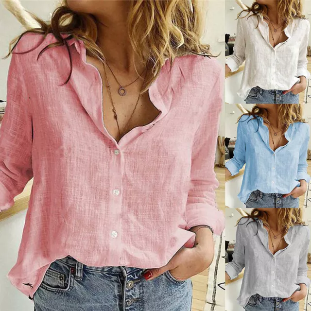 Long Plain Linen Sleeve T-Shirt Baggy Tops Womens Cotton Blouse Ladies Casual