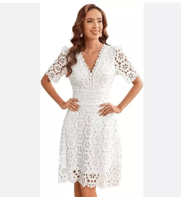 New Ticosa White V-Neck Floral Eyelet Guipure Lace Fit & Flare Dress Size Large