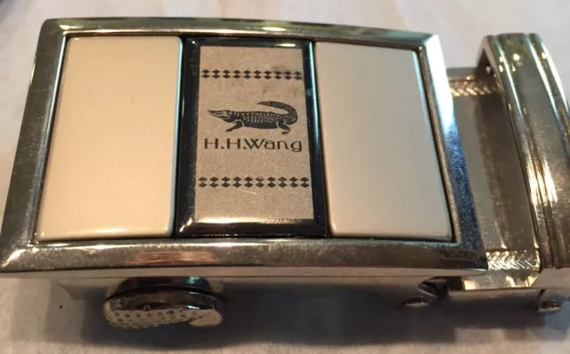 Vtg Brass H.H. Wang Designer Military Style Belt Buckle Silver W/alligator Logo
