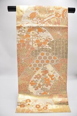 Vintage Japanese Kimono Fukuro Obi Silk Classic Lucky Pattern Gold  #JPS0002