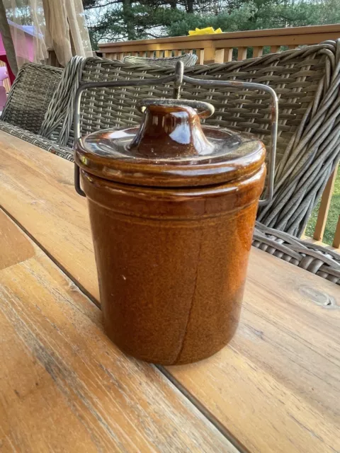 Vintage Brown Glazed Stoneware Pottery Cheese Crock Wire Baler Lid 5"