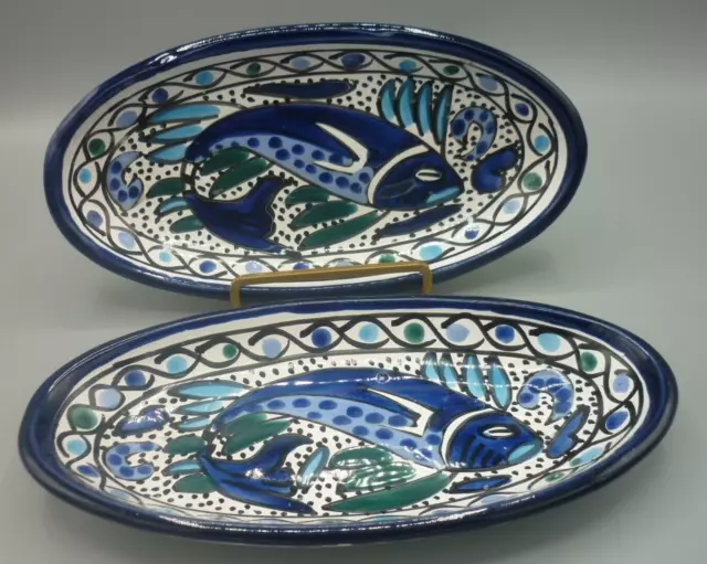 FISH Serving Plates Italian? Portugal? Mediterranean? Pottery Hand Painted Ovals