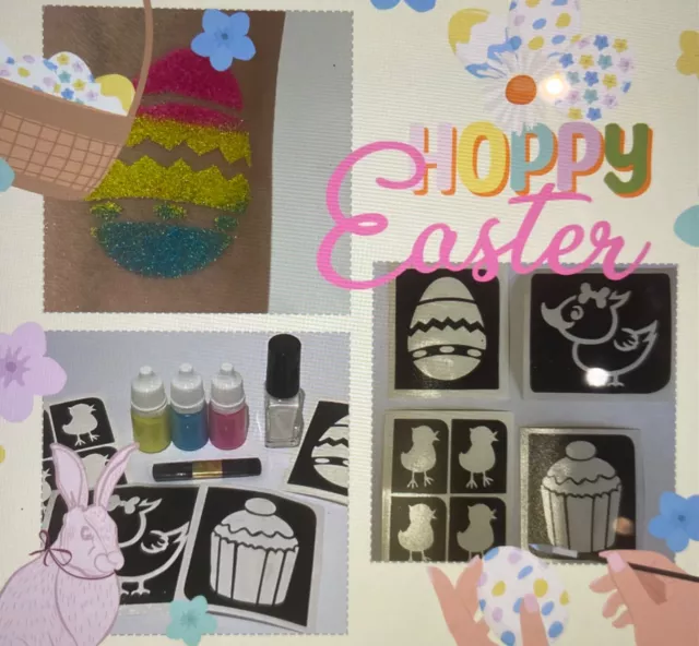 EASTER EGG GLITTER TATTOO KIT CHICK CUPCAKE STENCILS/GLITTER/GLUE - 30 tattoos