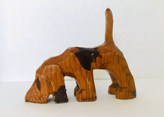 Vtg Hand Carved Wood Hound Dog Sculpture Folk Art Animal Brown Black Small