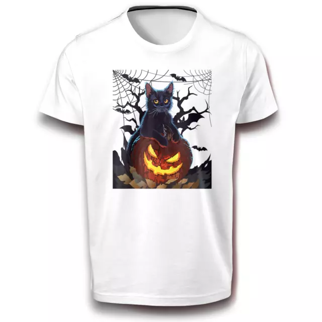 Halloween Schwarze Katze mit Kürbis T-Shirt weiß 122 -3XL Baumwolle Fun Gruselig