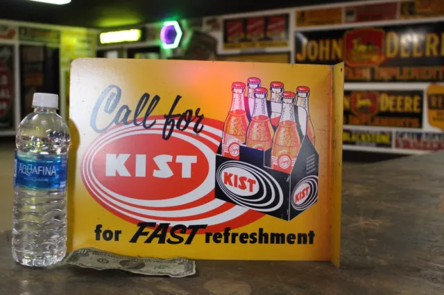 RARE 1950s CALL FOR KIST FAST REFRESHMENT 2-SIDED PAINTED METAL FLANGE SIGN COKE