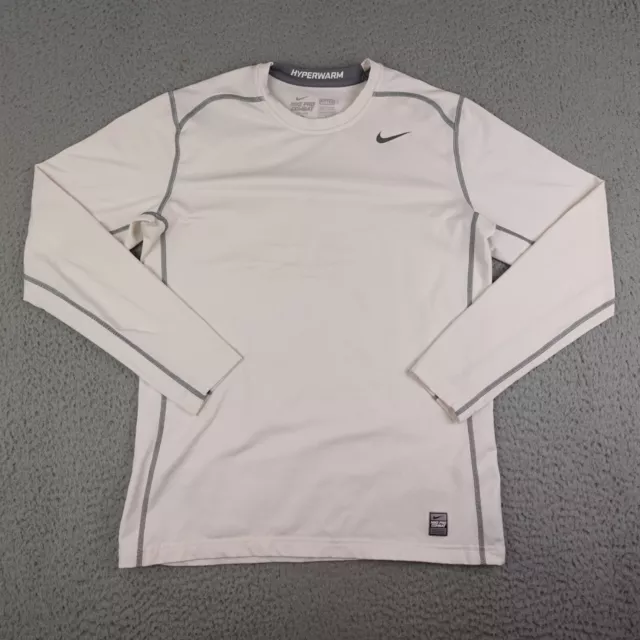 Nike Pro Combat Shirt Mens Large White Gray Hyperwarm Fitted Dri-Fit Long Sleeve