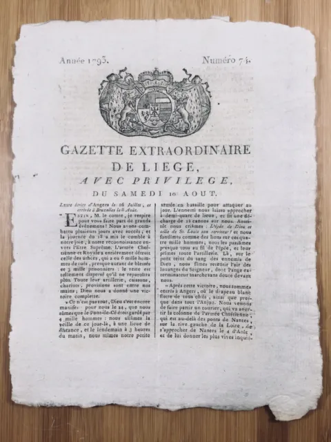 Angers en 1793 Chouans Armée Chrétienne Quiberon Pont de Cé Liège Presse Belge 2