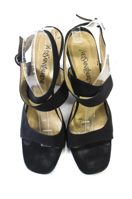 Yves Saint Laurent Womens Wedge Heel Ankle Strap Sandals Black Canvas Size 10 2