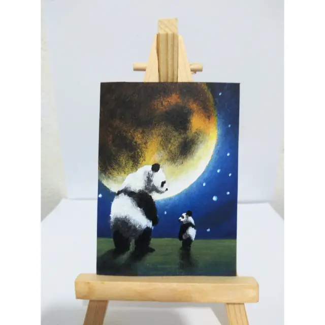 ACEO original painting white panda father & son miniature art card OOAK signed