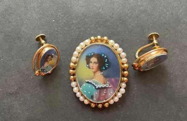 Hand Painted Cameo Portrait Victorian Lady Brooch Matching Earrings 1/20 12K GF