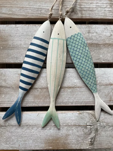 3er Set Fische🐟 Metall shabby Deko blau Türkis Weiß maritim Schuppen Streifen