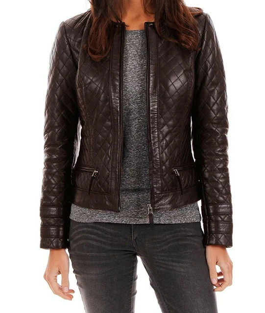 Jacket Womens Leather Biker Motorcycle Coat Vintage Lambskin Slim Fit Brown 26